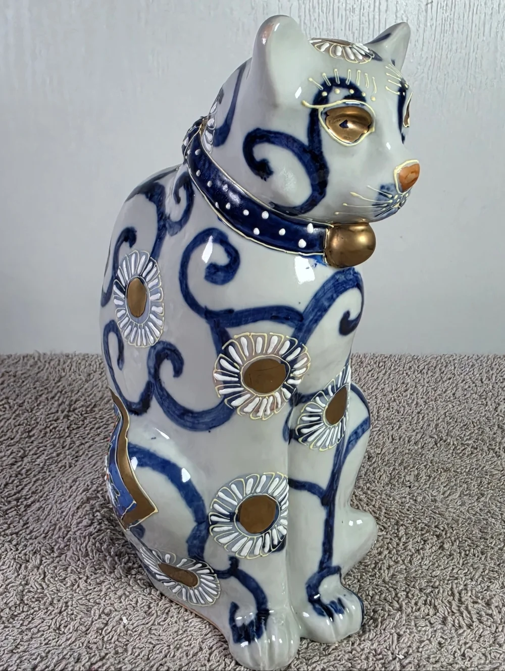 Decorative White and Blue Kutani Porcelain Cat Figurine with Gold Accents